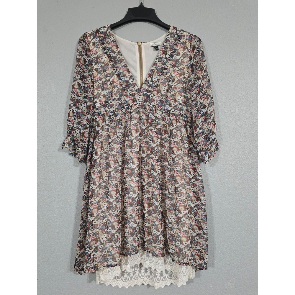 Mismash Dress Womens Small Multicolor Floral Chiffon Lace Hem A Line V Neck